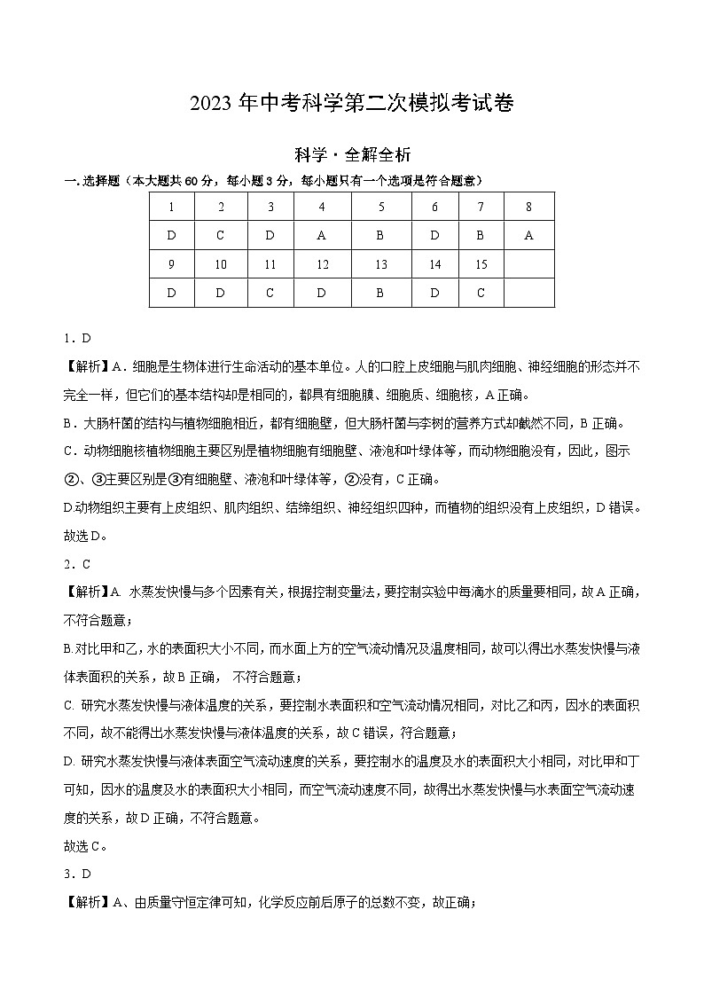 学易金卷:2023年中考科学第二次模拟考试卷(解析版)第1页