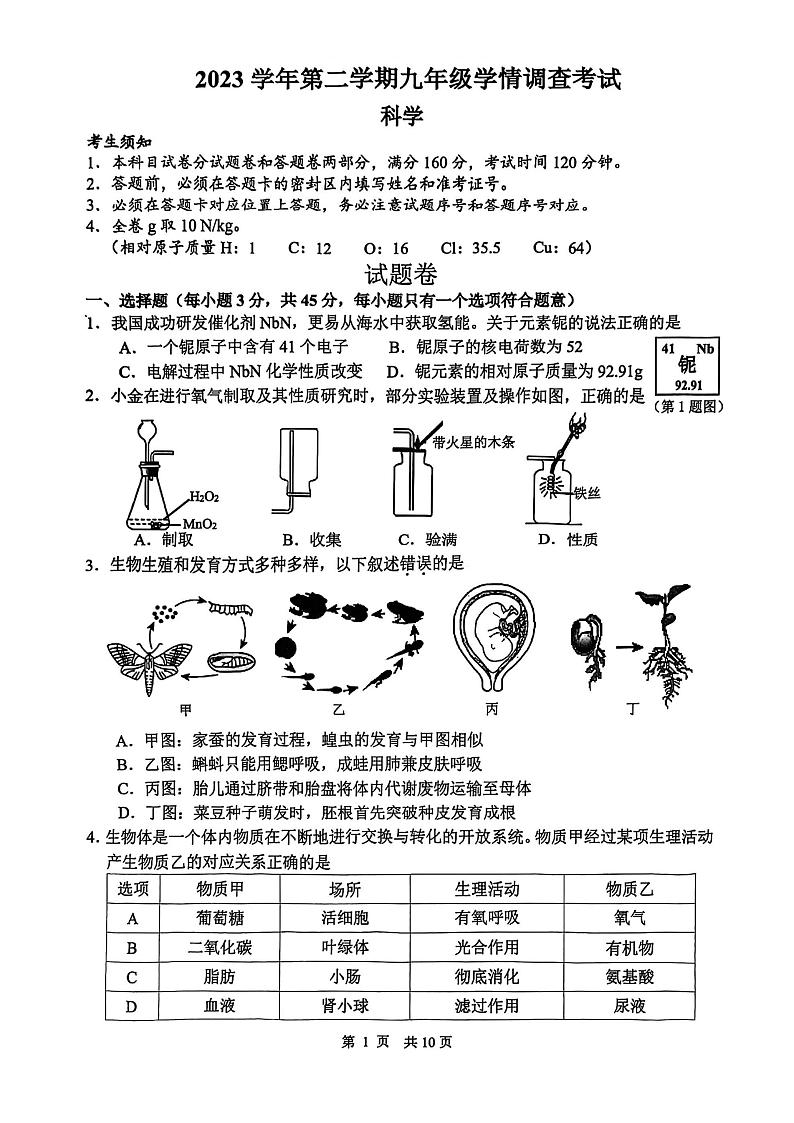 2024年杭州上城区中考一模科学试卷第1页