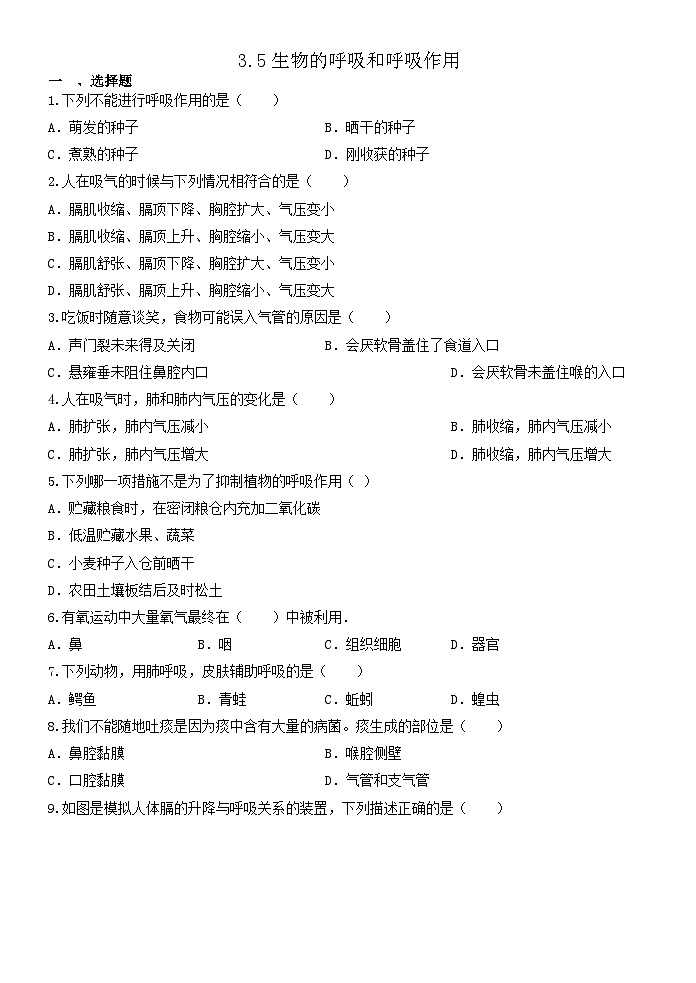 3.5生物的呼吸和呼吸作用 课后练习 浙教版八年级下册科学01