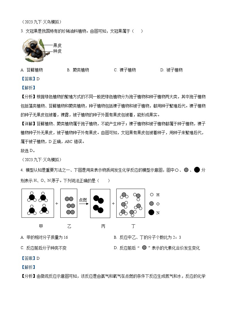 2023年浙江省金华市义乌市宾王中学、江东中学九年级中考模拟科学试题(解析版)第2页
