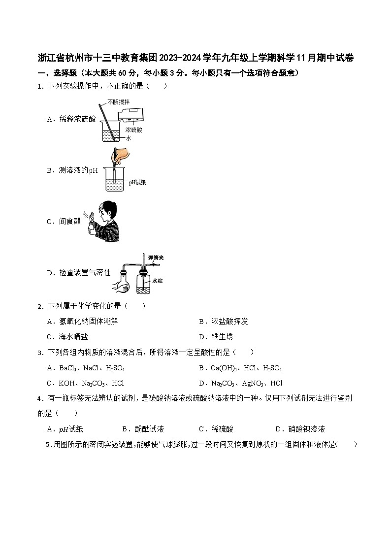 浙江省杭州市十三中教育集团2023-2024学年九年级上学期11月期中科学试卷01