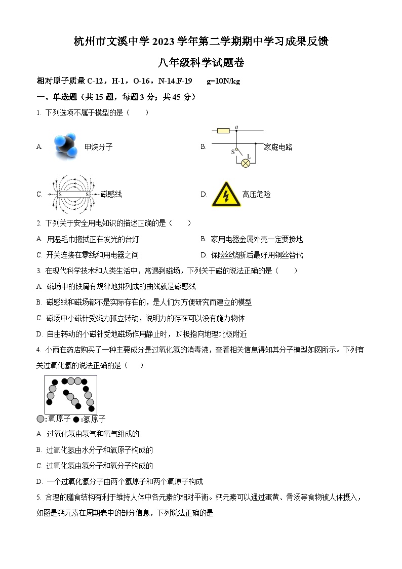 浙江省杭州市文溪中学2023-2024学年八年级下学期期中科学试卷（原卷版+解析版）