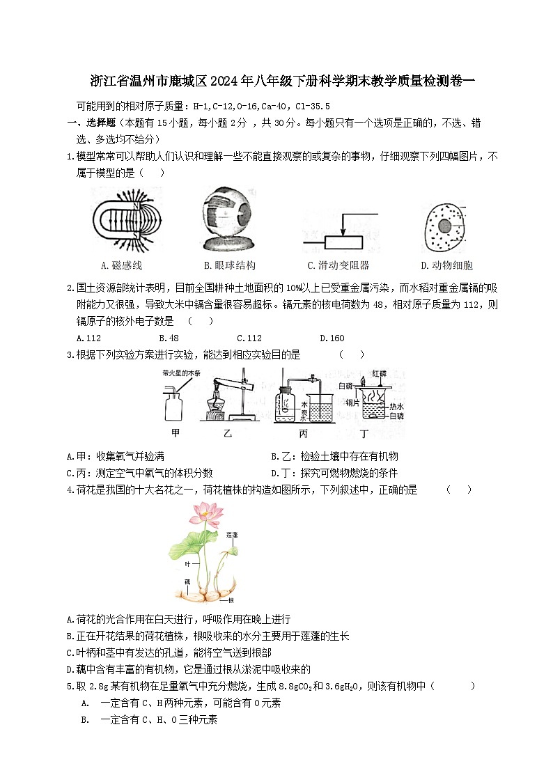 09,浙江省温州市鹿城区2023-2024学年八年级下册科学期末教学质量检测卷一第1页