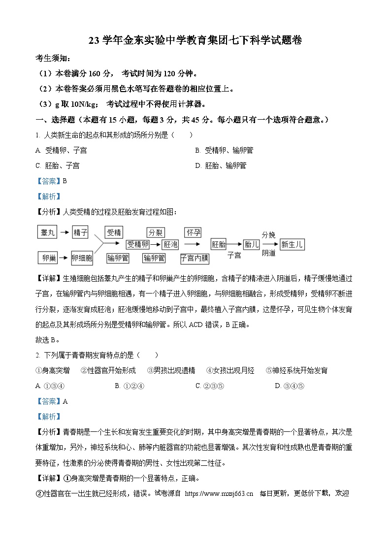 浙江省金华市金东实验中学教育集团2023-2024学年七年级下学期期中科学试题