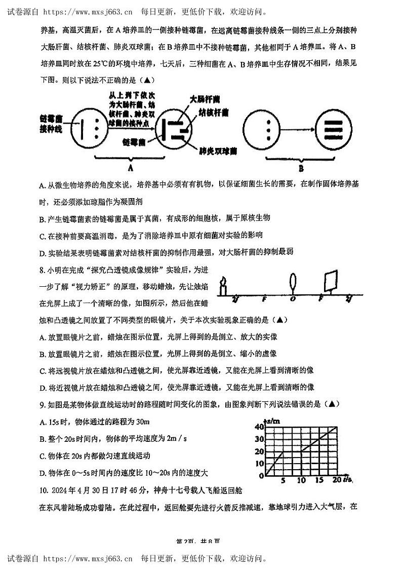 浙江省绍兴柯桥区联考2023-2024学年七年级下学期6月学科联考科学试题(1)02