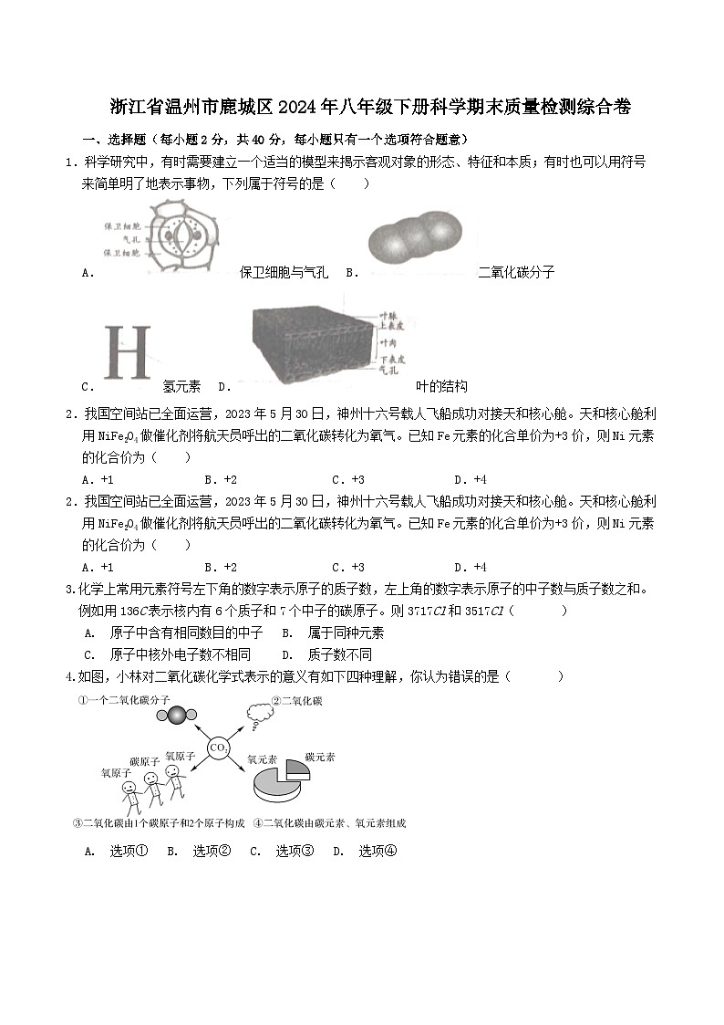 浙江省溫州市鹿城區(qū)2023-2024學(xué)年八年級下學(xué)期科學(xué)期末質(zhì)量檢測綜合模擬卷第1頁