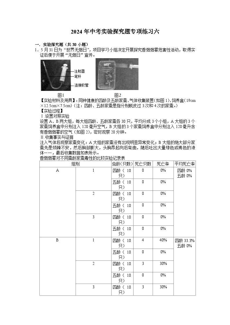 实验探究题专项练习六——2024年浙江省中考科学三轮冲刺