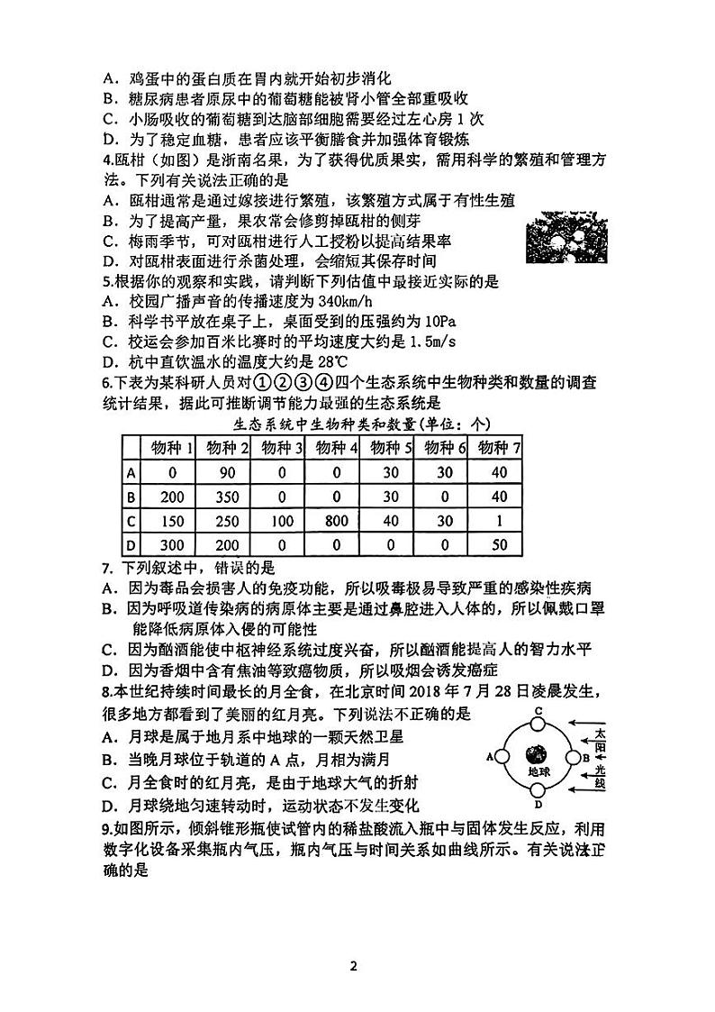 2024年浙江省杭州市杭州中学中考三模科学试题第2页