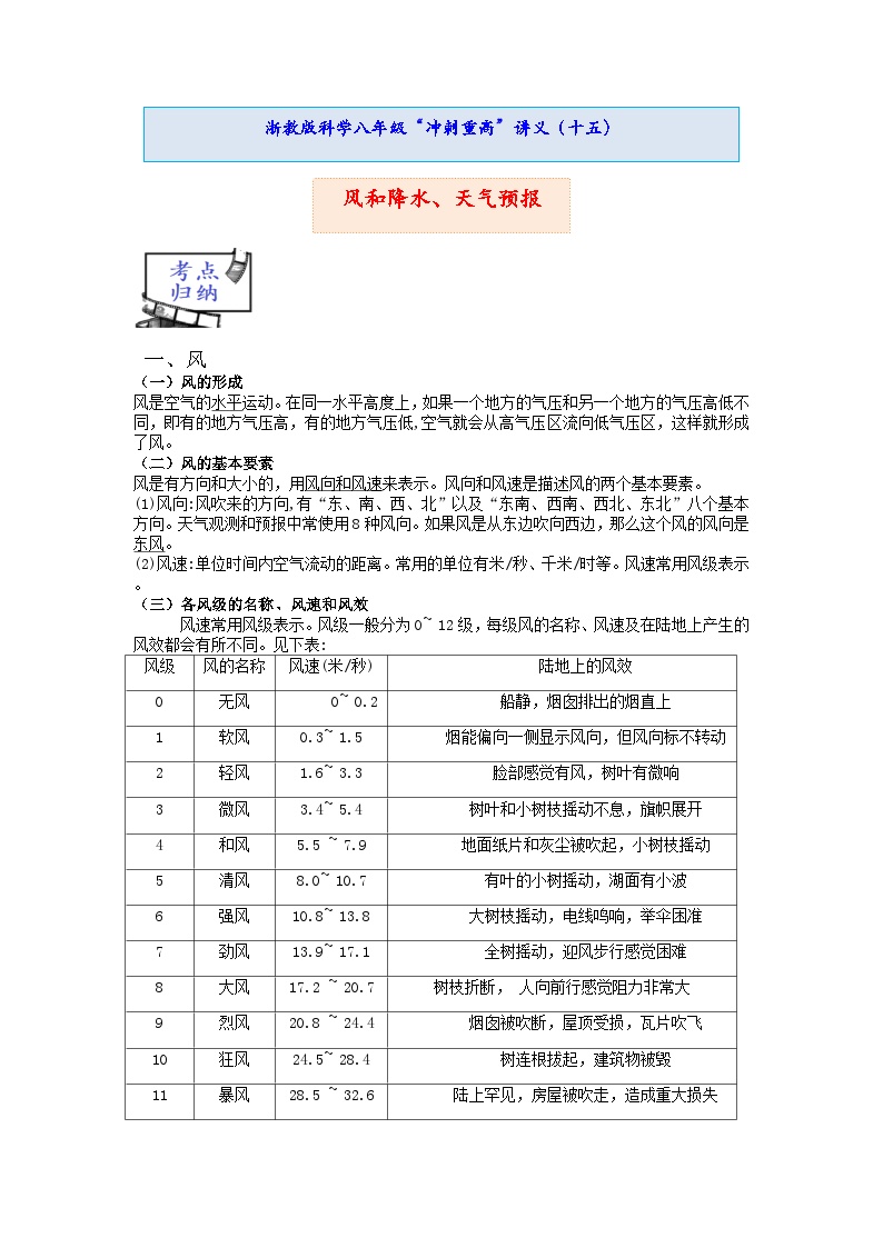 浙教版科学上学期八年级“冲刺重高”讲义（十五）：风和降水、天气预报