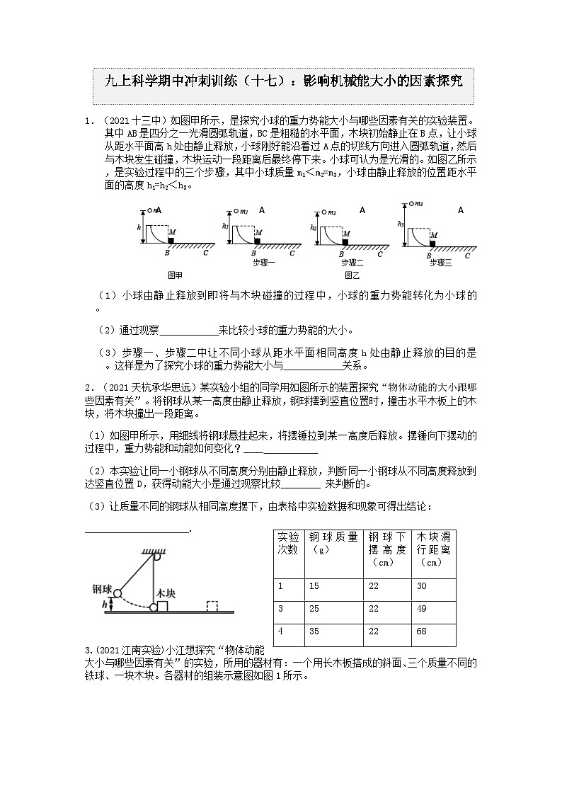 “期中冲刺”核心考点训练(十七):探究影响机械能大小的因素 浙教版科学九年级上册01