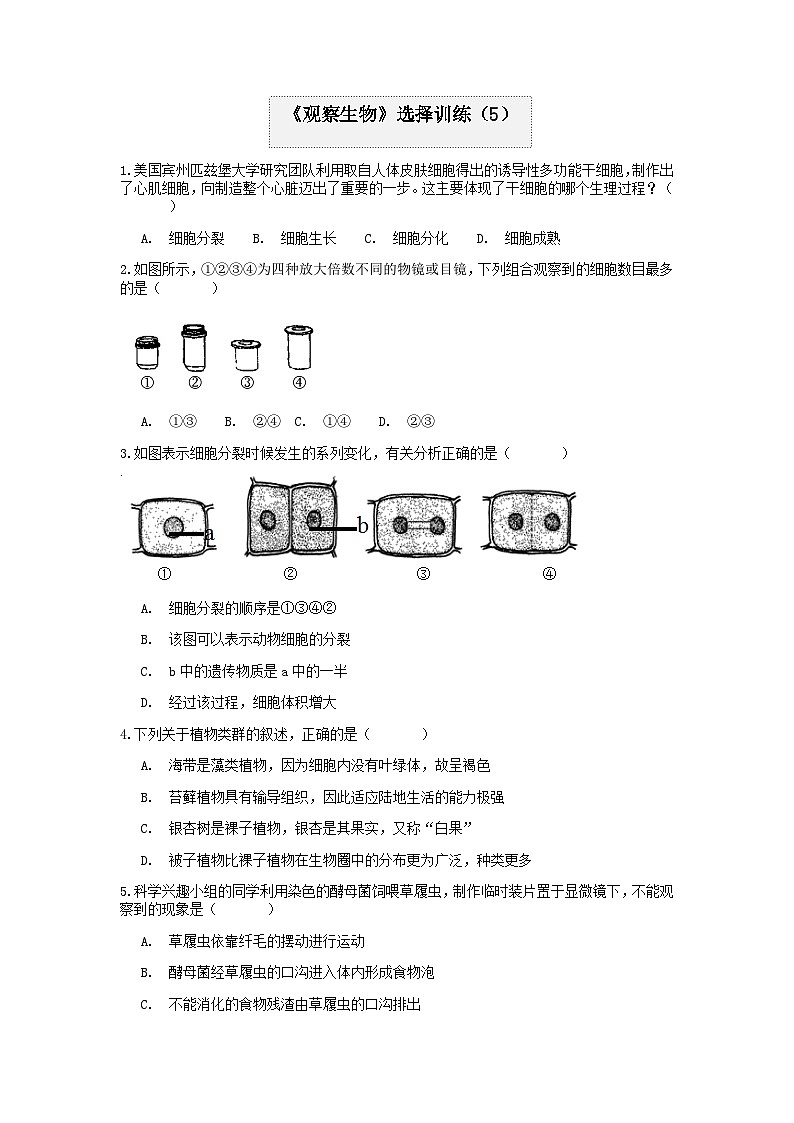 分类题型训练:第二章《观察生物》选择题(5) 浙教版科学七年级上册01
