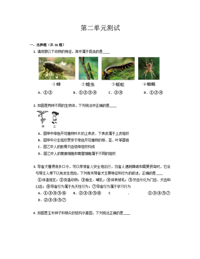 第二单元测试 浙教版七年级上学期科学第1页