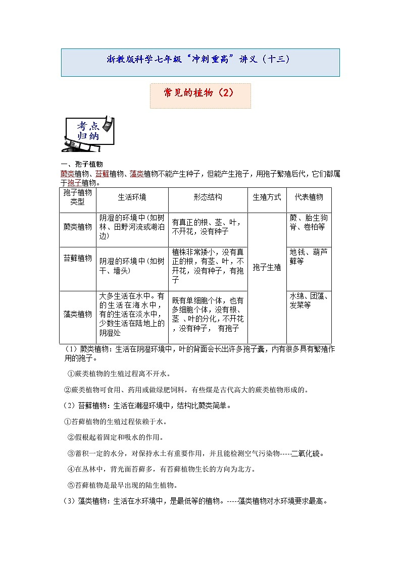 常见的植物(2) 浙教版科学上学期七年级“冲刺重高”讲义(十三)01