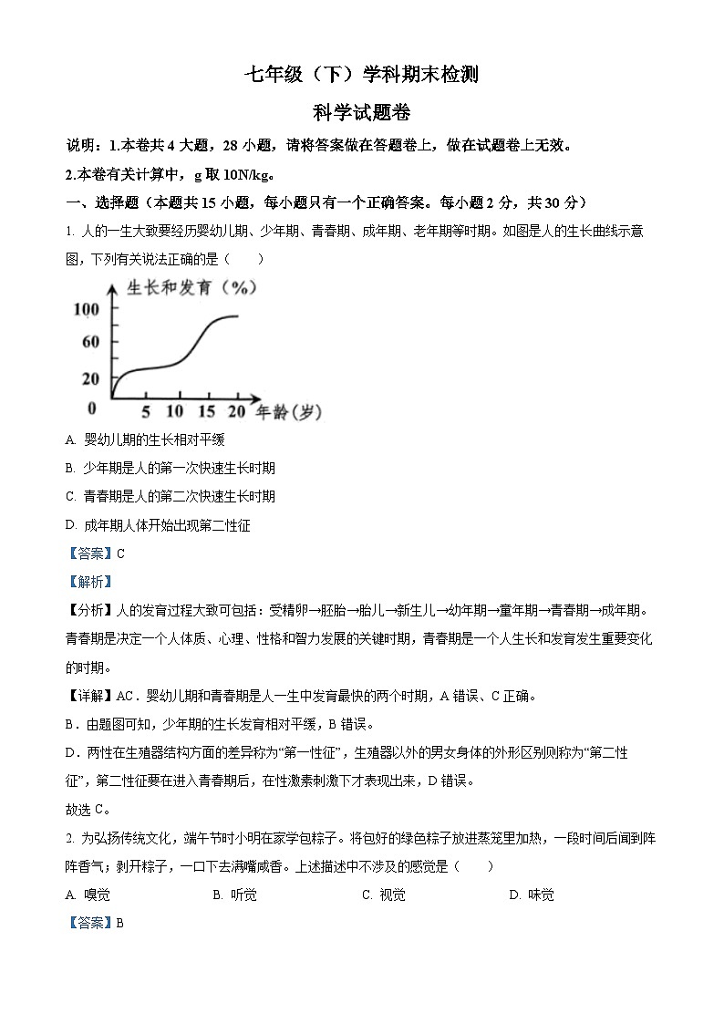 浙江省嘉兴市2023--2024学年下学期七年级科学期末试题 (原卷版+解析版)01