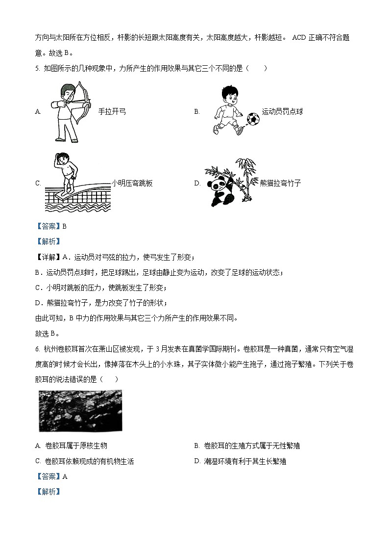浙江省杭州市滨江区2023-2024学年七年级下学期期末科学试题(解析版)03