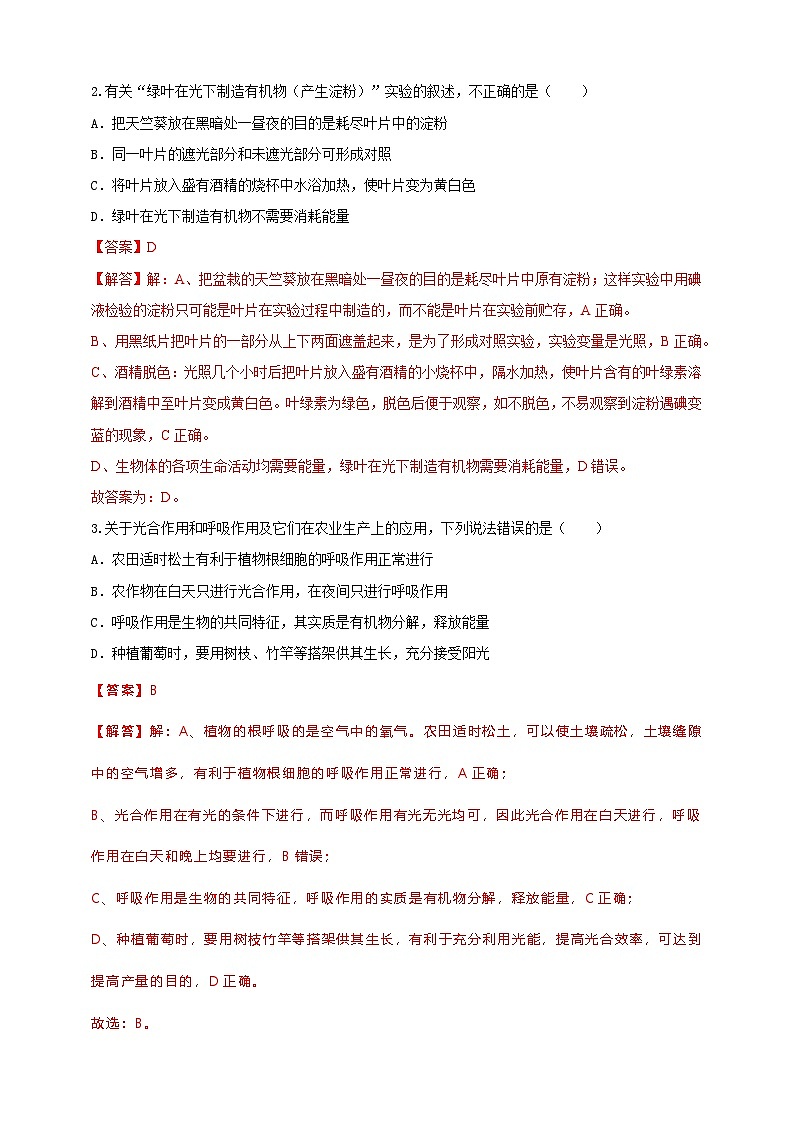 2024秋华师大版 初中科学 八年级上册4.4 植物的光合作用和呼吸作用B卷(含解析版)02