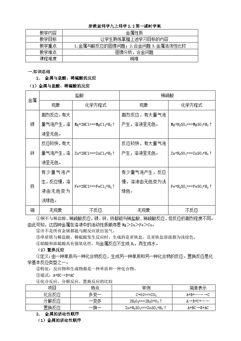 浙教版科学九上科学2.2金属性质第一课时学案01