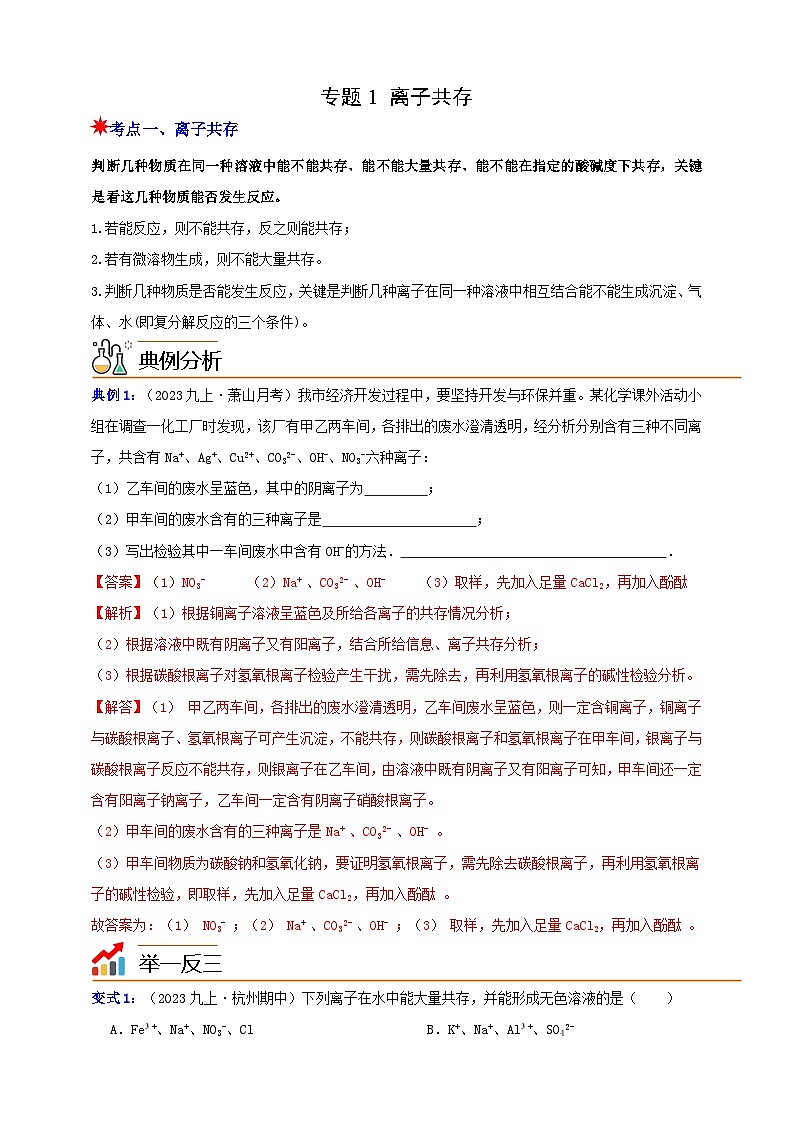 九上第1章 物质及其变化 专题1 离子共存 举一反三练(含解析)01