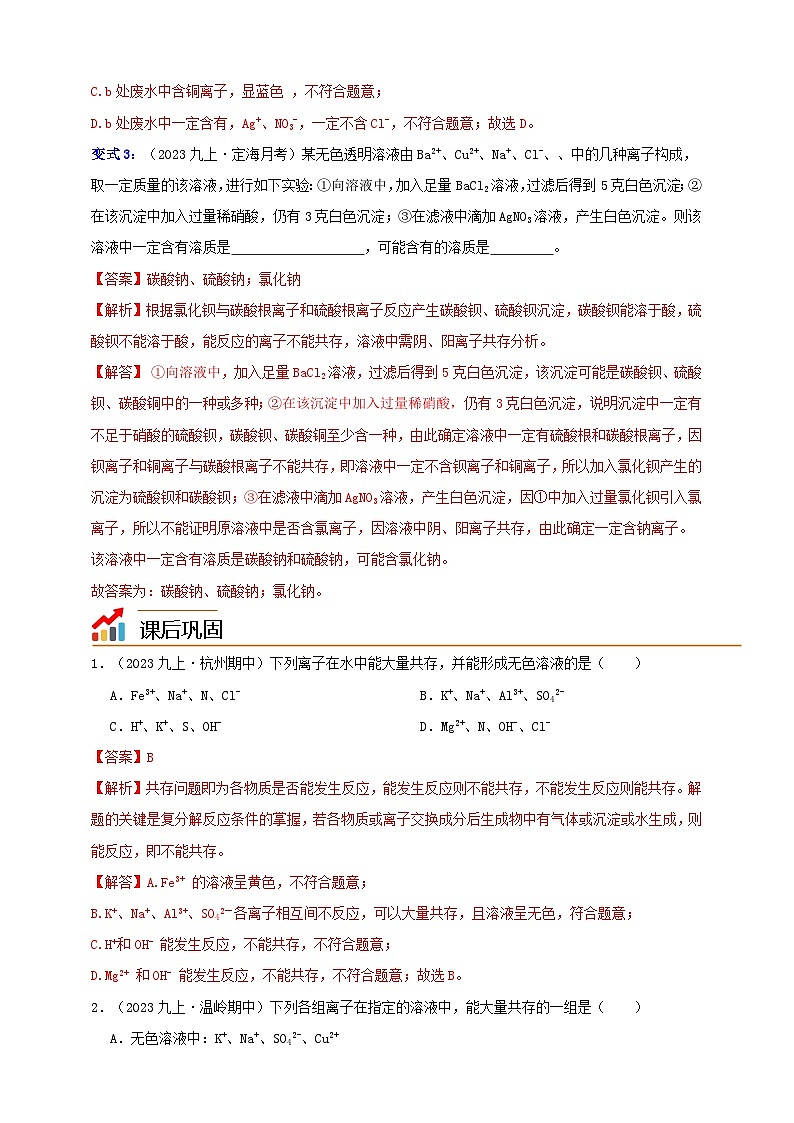 九上第1章 物质及其变化 专题1 离子共存 举一反三练(含解析)03