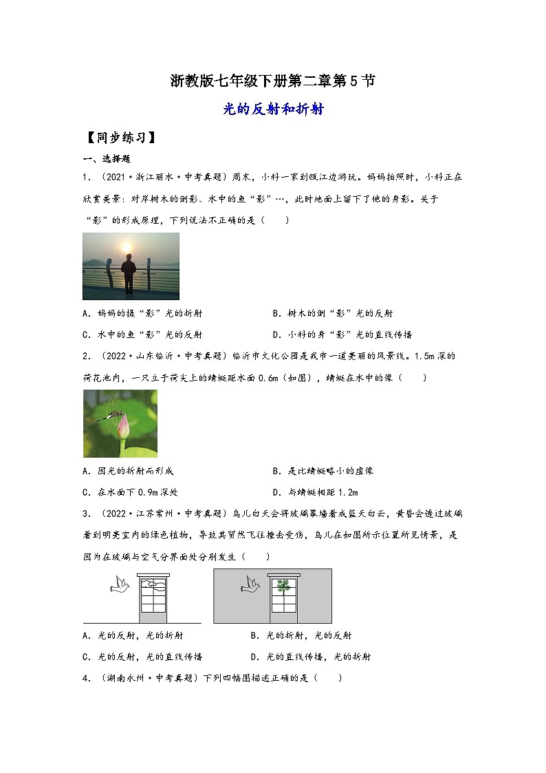 浙教版七年级科学下册同步精品课堂2.5光的反射与折射(练习)(原卷版+解析)01