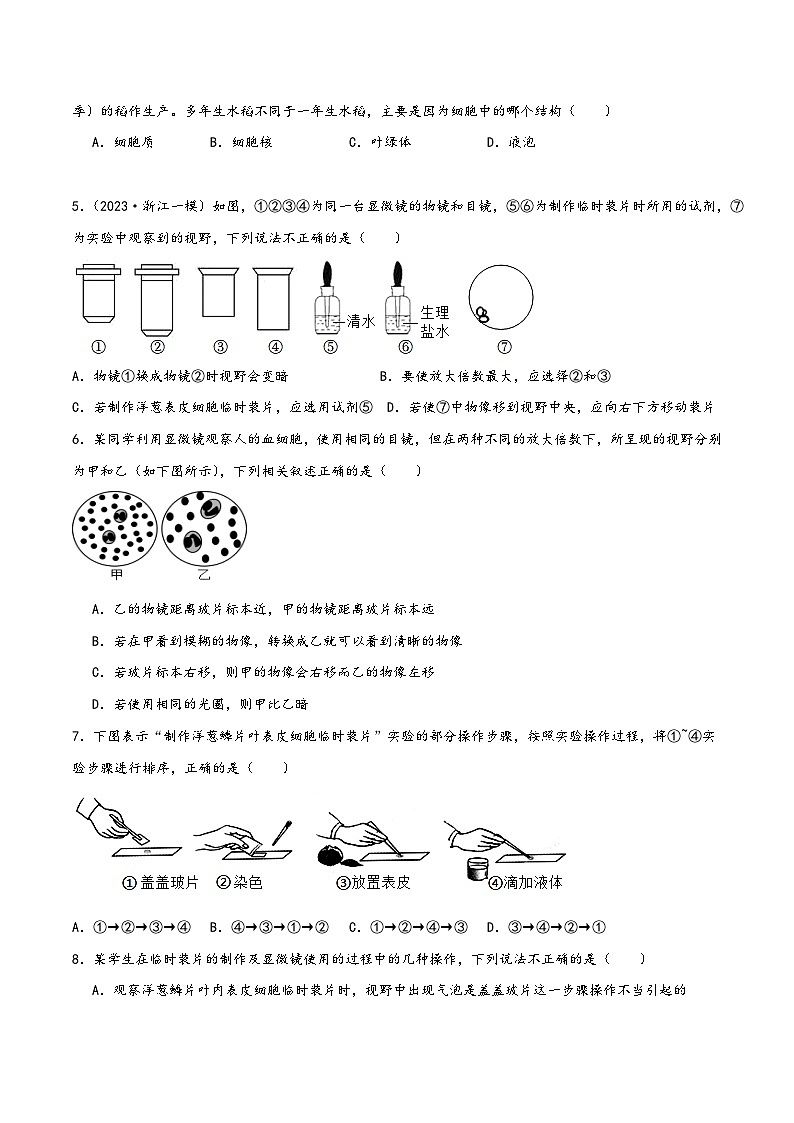 浙教版七年级科学上册讲练课堂2.2细胞(练习)(原卷版+解析)02