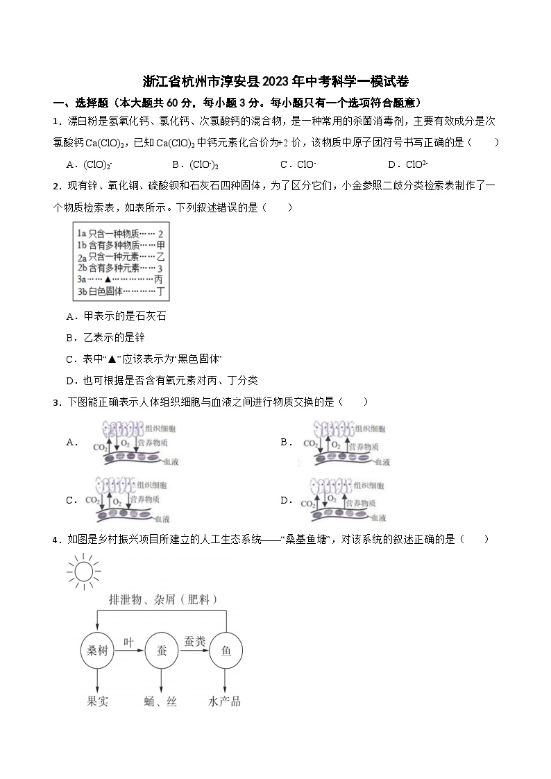 2023年浙江省杭州市淳安县中考一模科学试卷