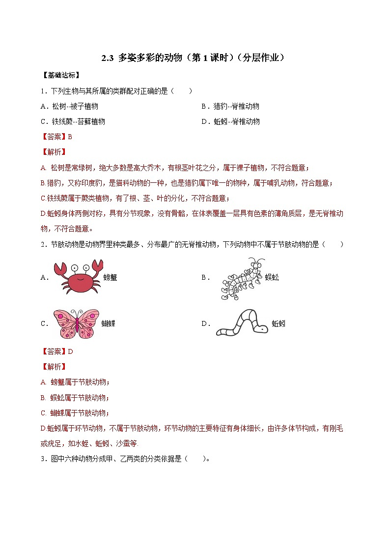 【核心素養(yǎng)】浙教版科學七年級上冊 2.3 多姿多彩的動物（第1課時）（分層作業(yè)）【解析版】第1頁