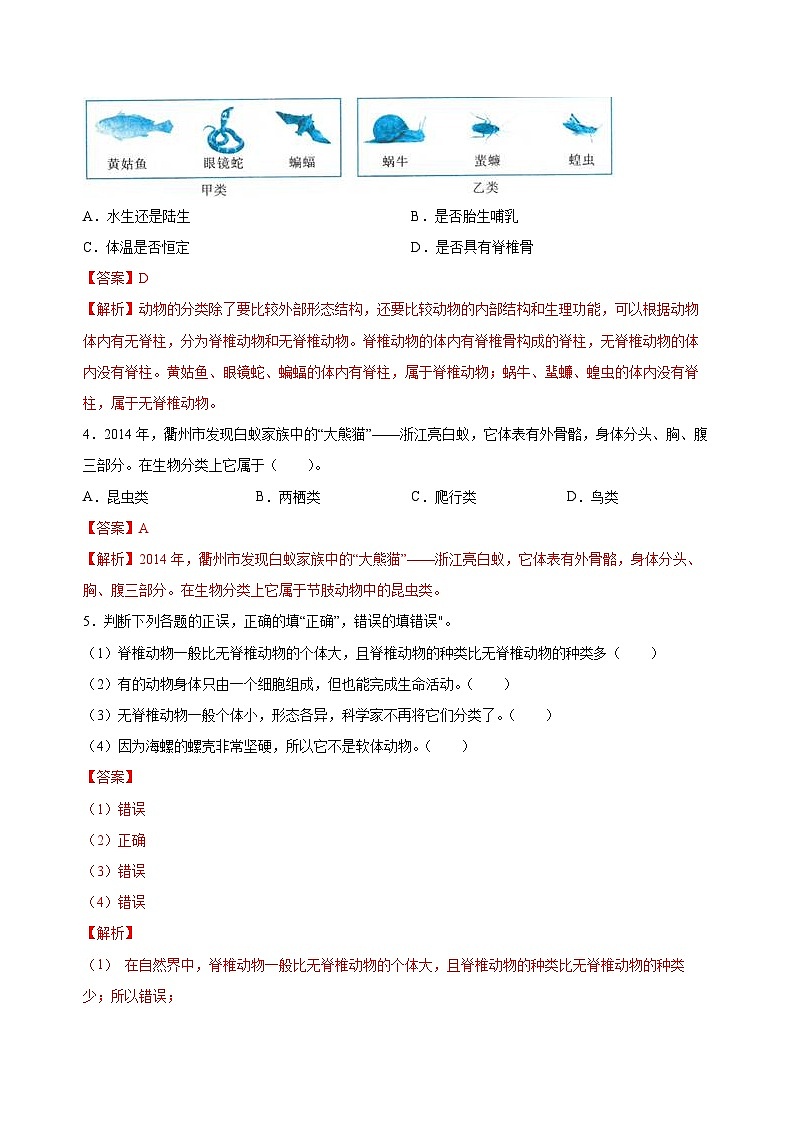 【核心素養(yǎng)】浙教版科學七年級上冊 2.3 多姿多彩的動物（第1課時）（分層作業(yè)）【解析版】第2頁