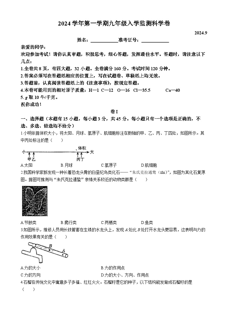 浙江省瑞安市玉海实验中学2024-2025学年九年级上学期开学考科学试卷