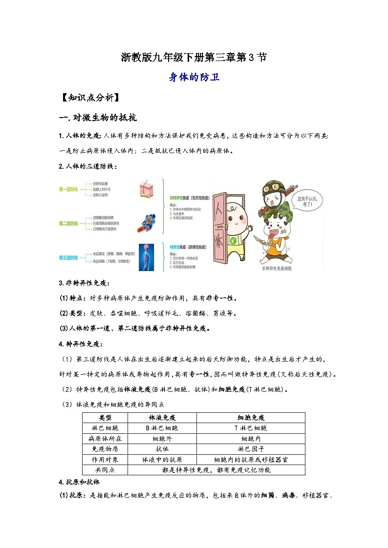 浙教版九年级下册科学讲练课堂3.3身体的防卫(讲义)(原卷版+解析)第1页