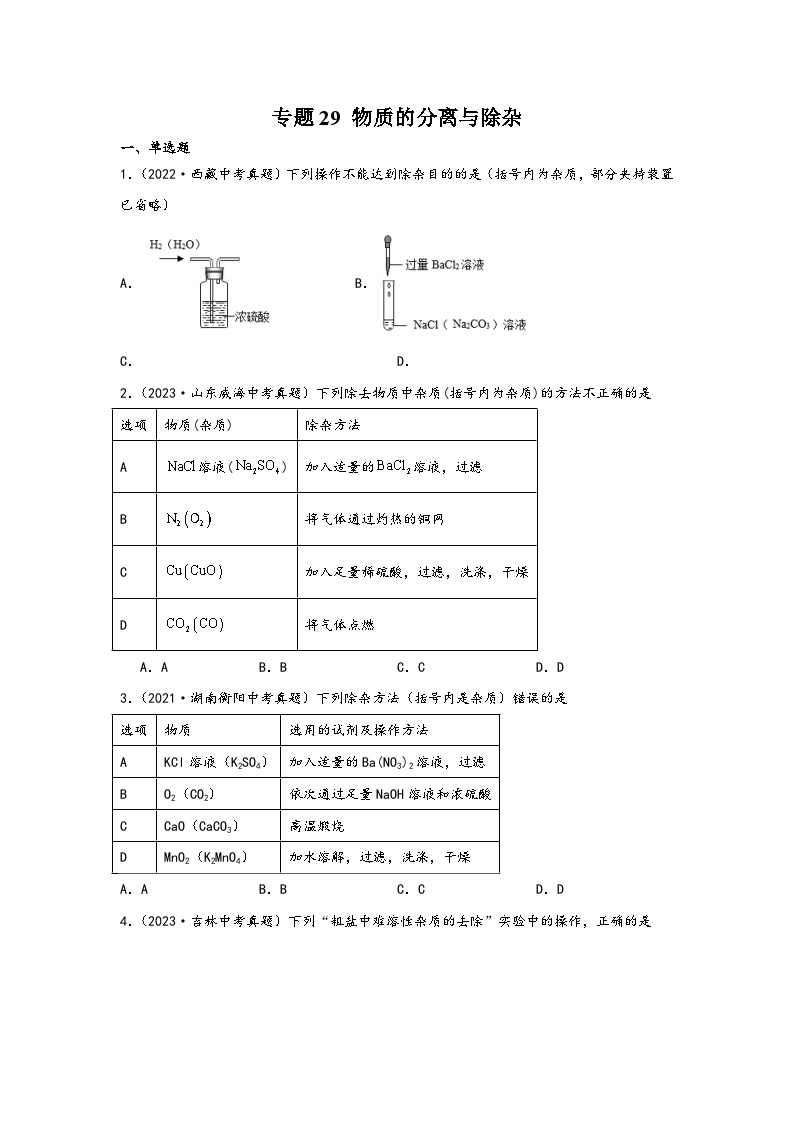 中考科学三年(2021-2023)真题分项汇编(浙江专用)专题29物质的分离与除杂专题特训(原卷版+解析)