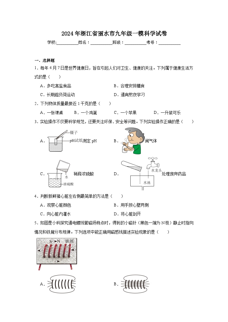 2024年浙江省丽水市九年级一模科学试卷