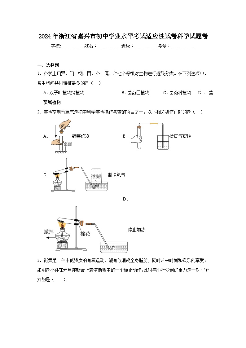 2024年浙江省嘉兴市初中学业水平考试适应性试卷科学试题卷