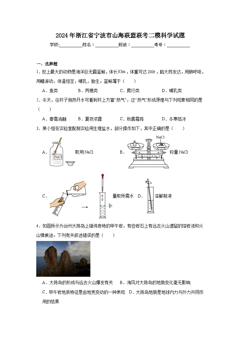 2024年浙江省宁波市山海联盟联考二模科学试题