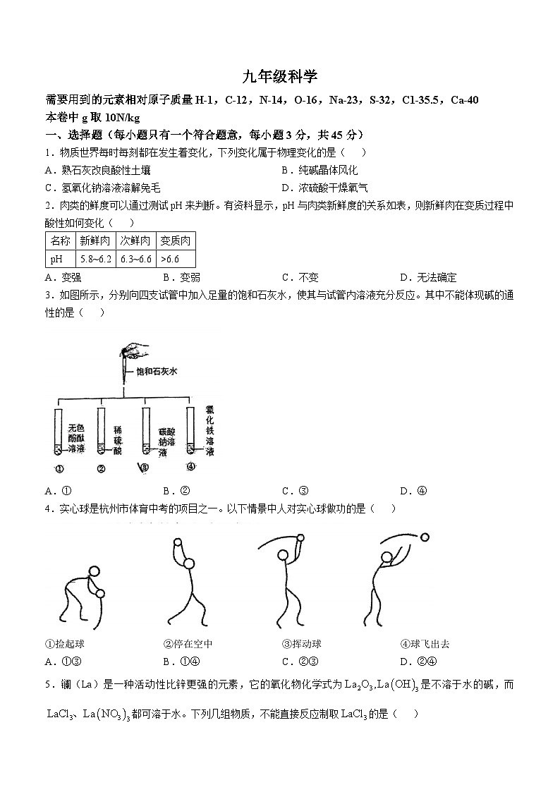 浙江省杭州市采荷中学2024-2025学年九年级上学期10月月考科学试题(无答案)第1页