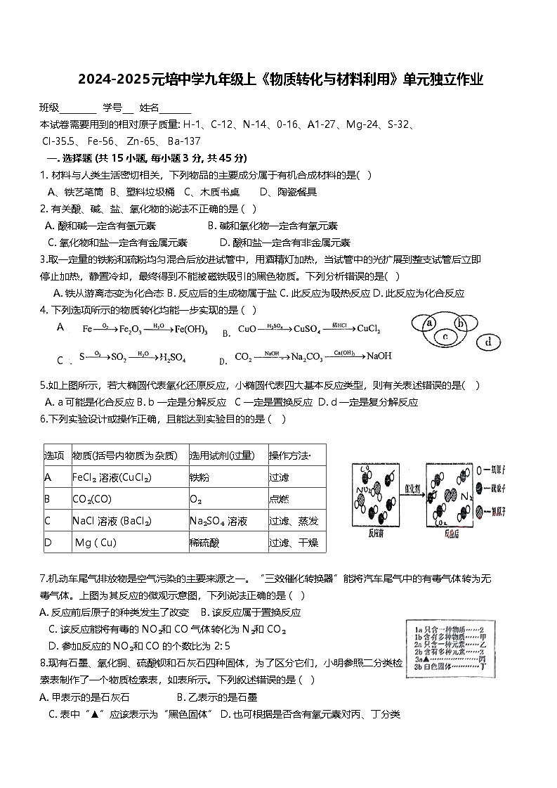 浙江省绍兴市越城区绍兴市元培中学2024-2025学年九年级上学期10月月考科学试题01