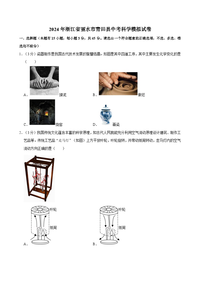 2024年浙江省丽水市青田县中考科学模拟试卷