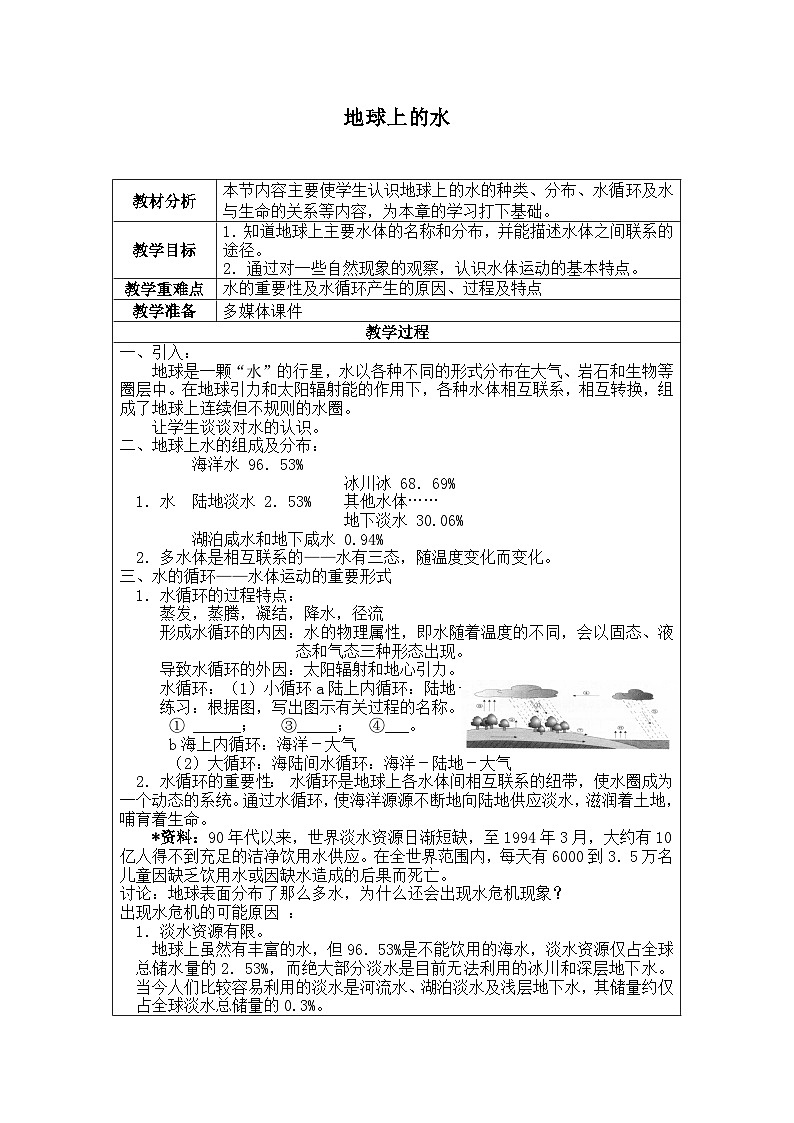 浙教版科学八年级上册1.1地球上的水_2教案第1页