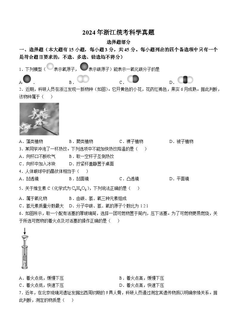 2024年浙江省中考科学试卷
