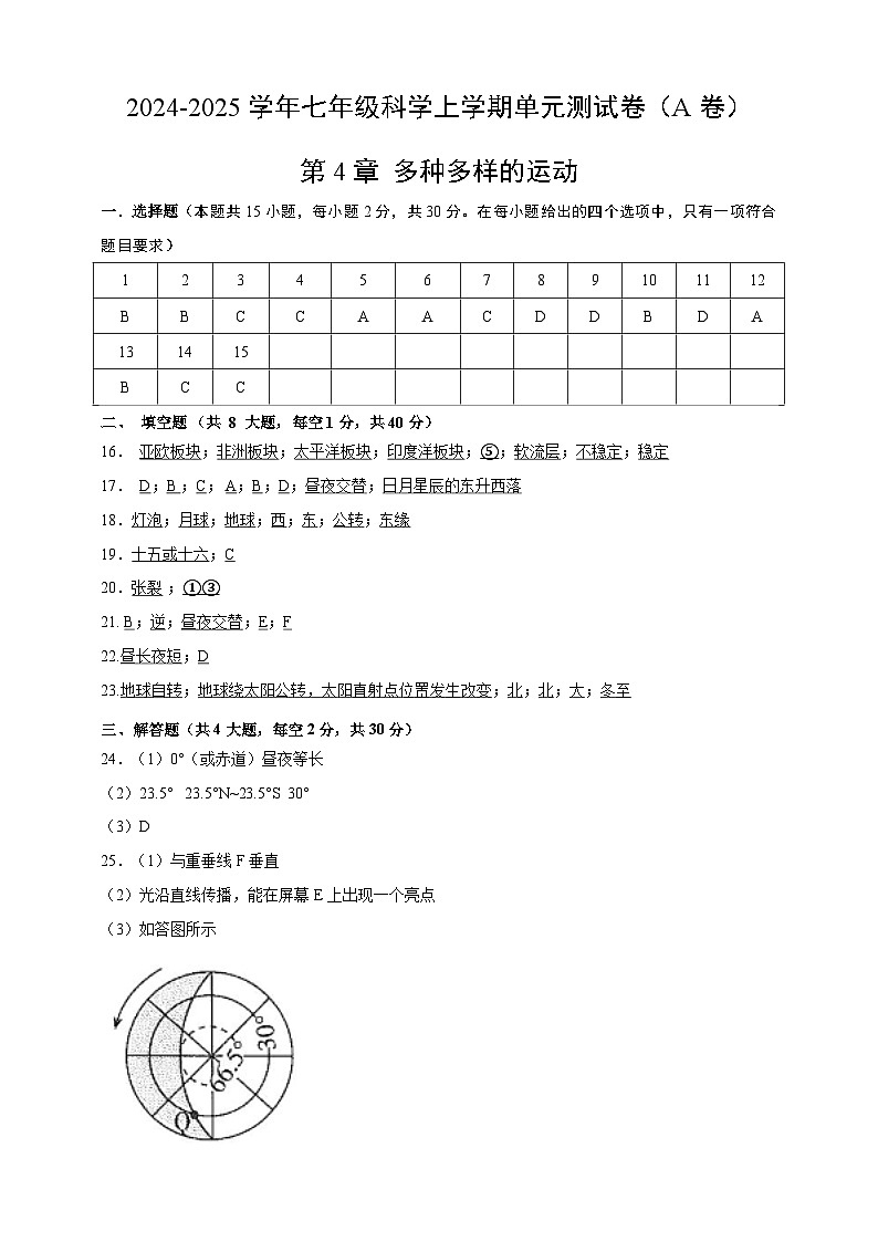 浙教版科学七上第四章 多种多样的运动 单元卷(A)答案第1页