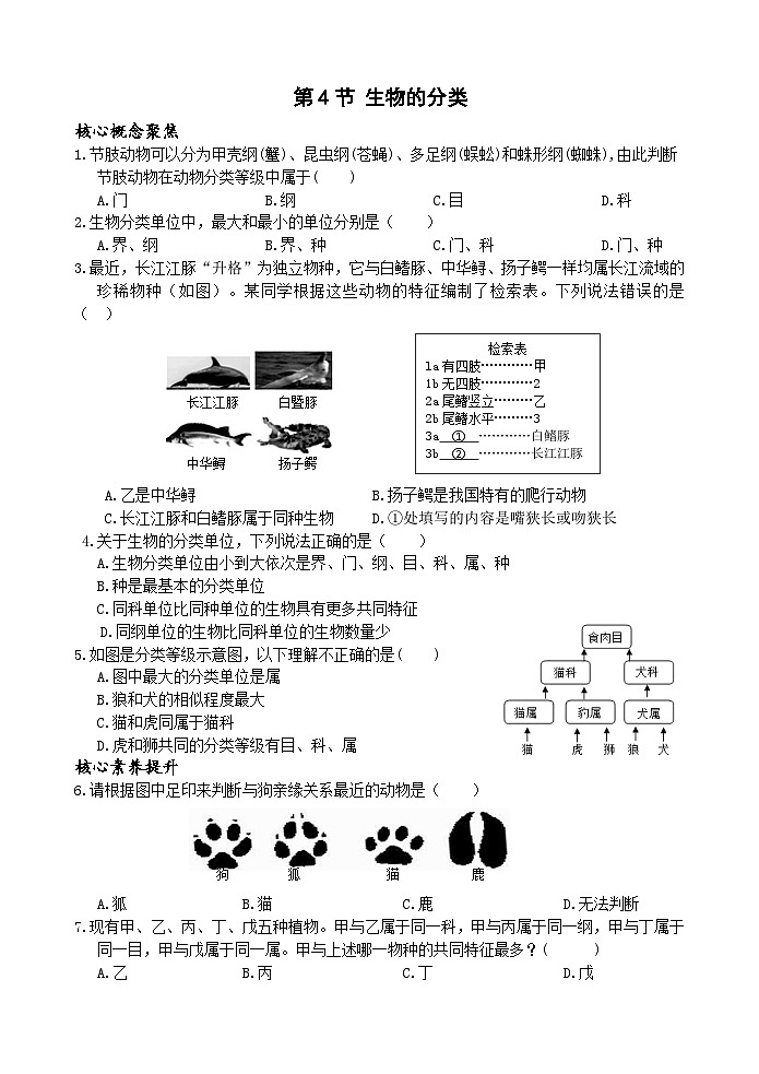 浙教版2024七年级上册科学第4节 生物的分类   同步练习含答案第1页