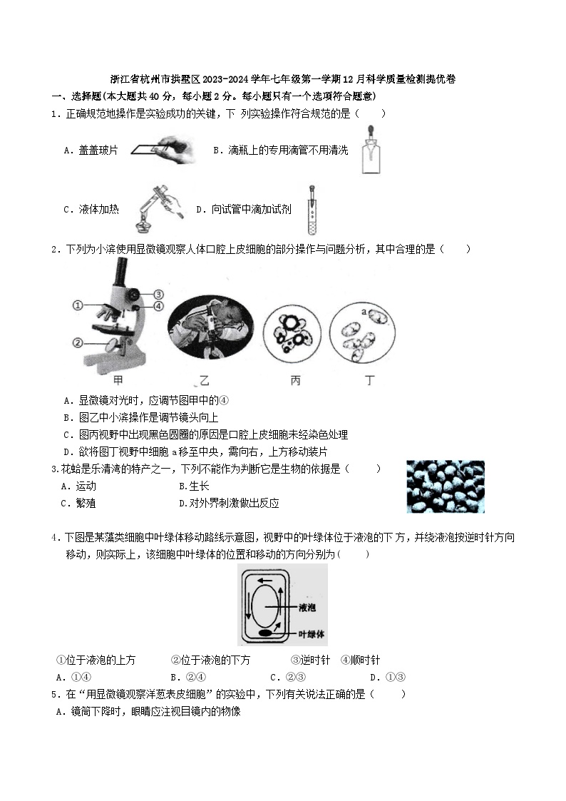 2023-2024学年浙江省杭州市拱墅区七年级（上）质检科学试卷（12月份）