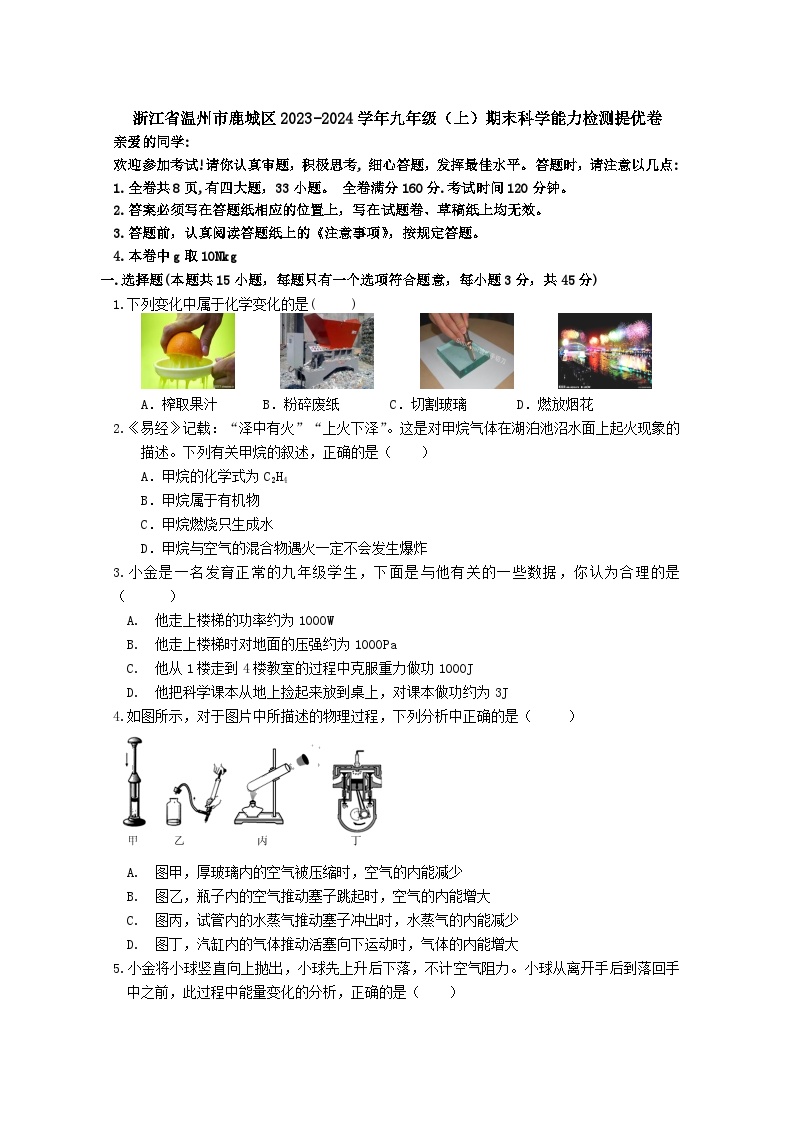 2023-2024学年浙江省温州市鹿城区九年级（上）期末科学模拟练习试卷