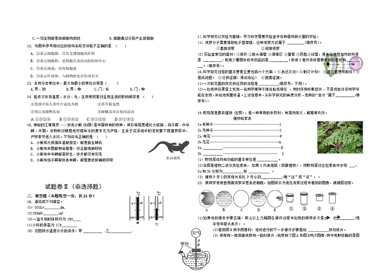 浙江省嵊州市三界片2024-2025学年七年级上学期期中科学测试卷02