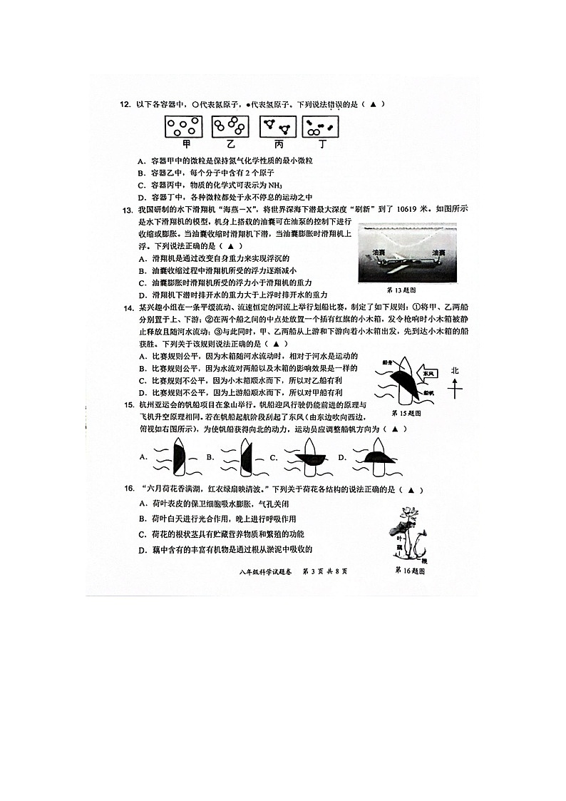 2023-2024学年浙江省宁波市宁海县八年级(上)期末科学试卷03