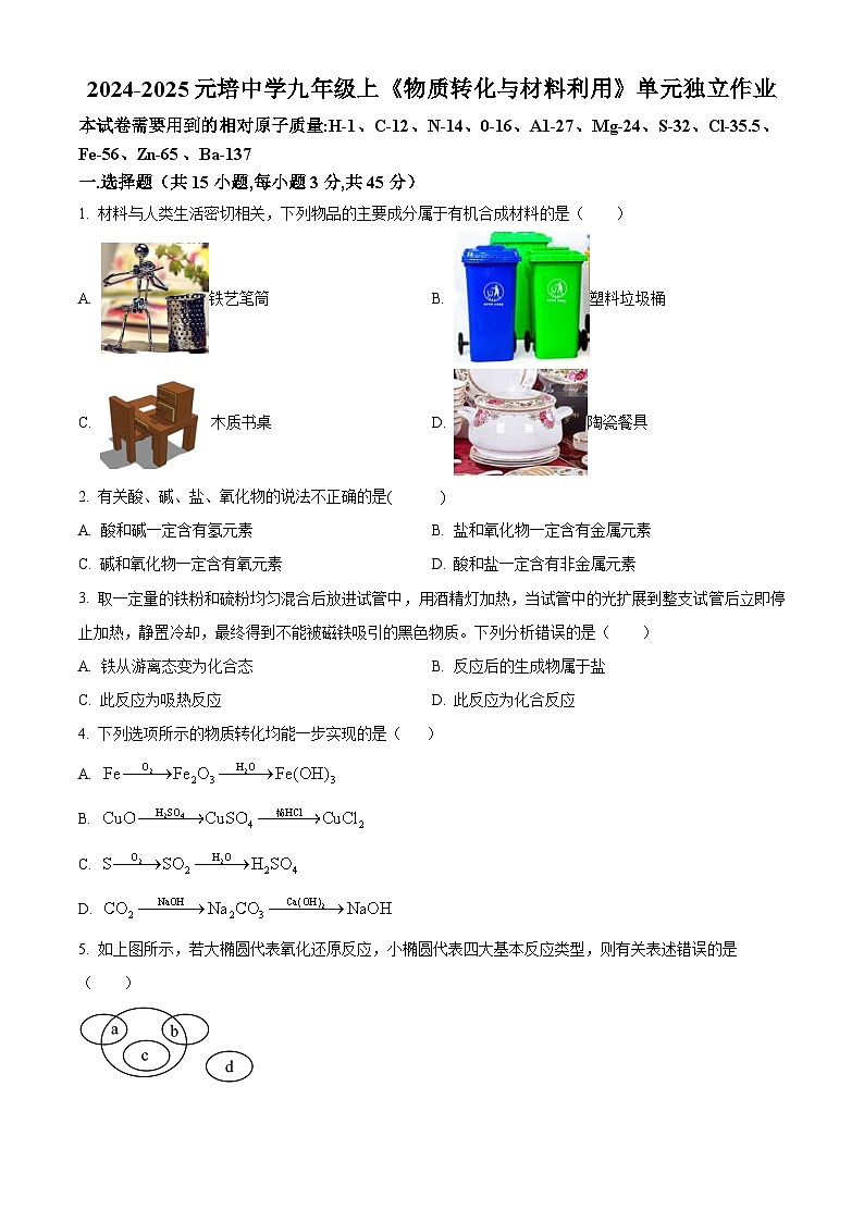 浙江省绍兴市越城区绍兴市元培中学2024-2025学年九年级上学期10月月考科学试题01