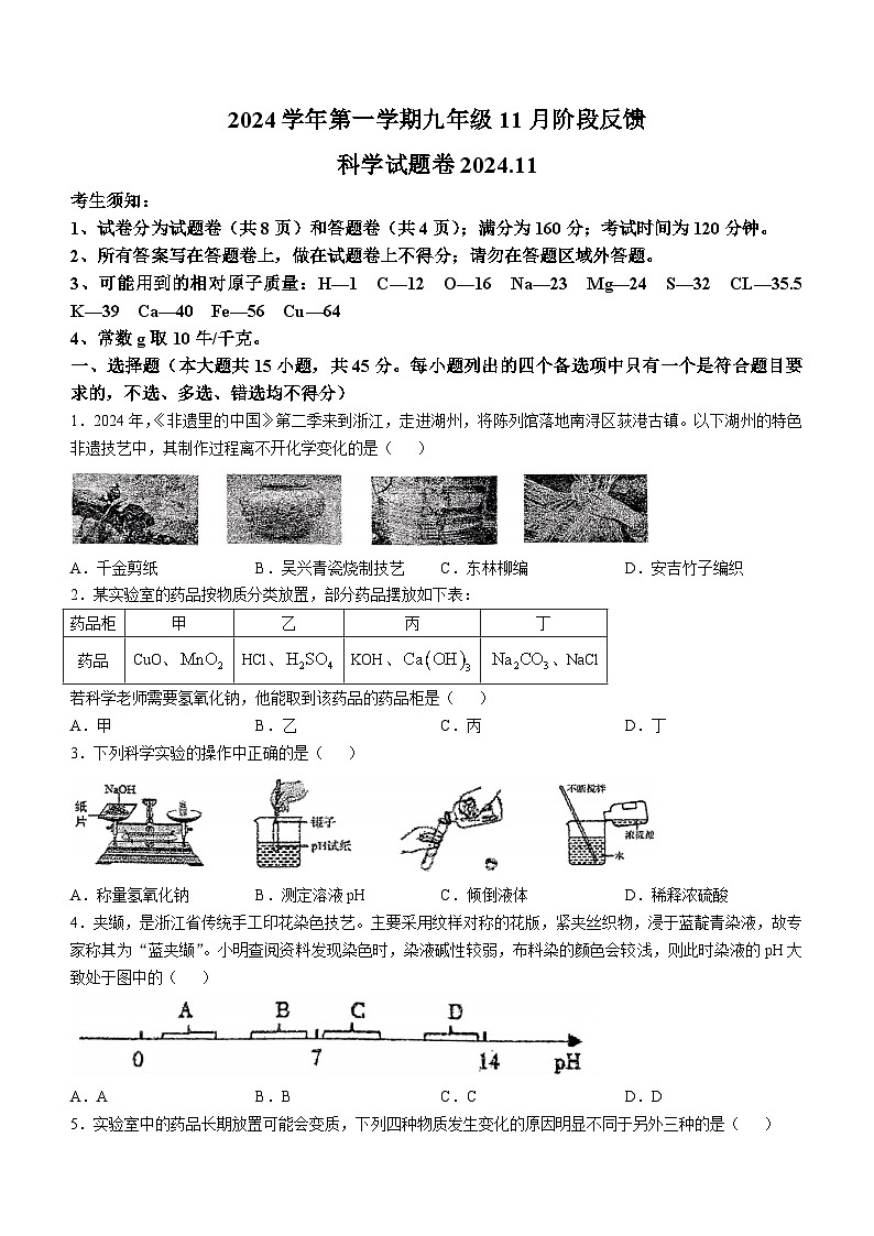浙江湖州市吴兴区第五中学2024-2025学年九年级上学期期中科学试卷(无答案)第1页