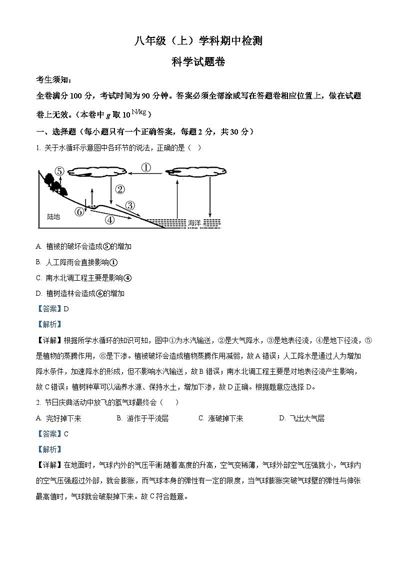 精品解析:浙江省嘉兴市实验初级中学教育集团2024-2025学年八年级上学期期中科学试题(解析版)第1页
