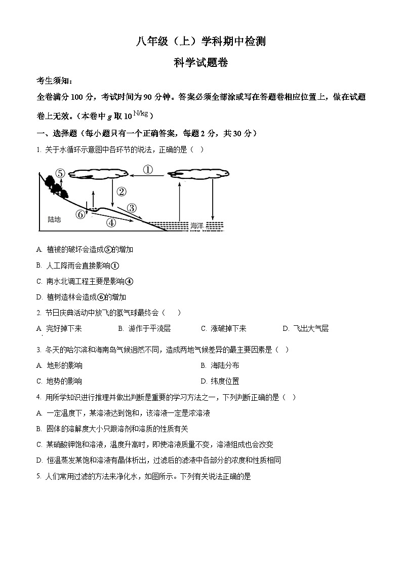 精品解析:浙江省嘉兴市实验初级中学教育集团2024-2025学年八年级上学期期中科学试题(原卷版)第1页