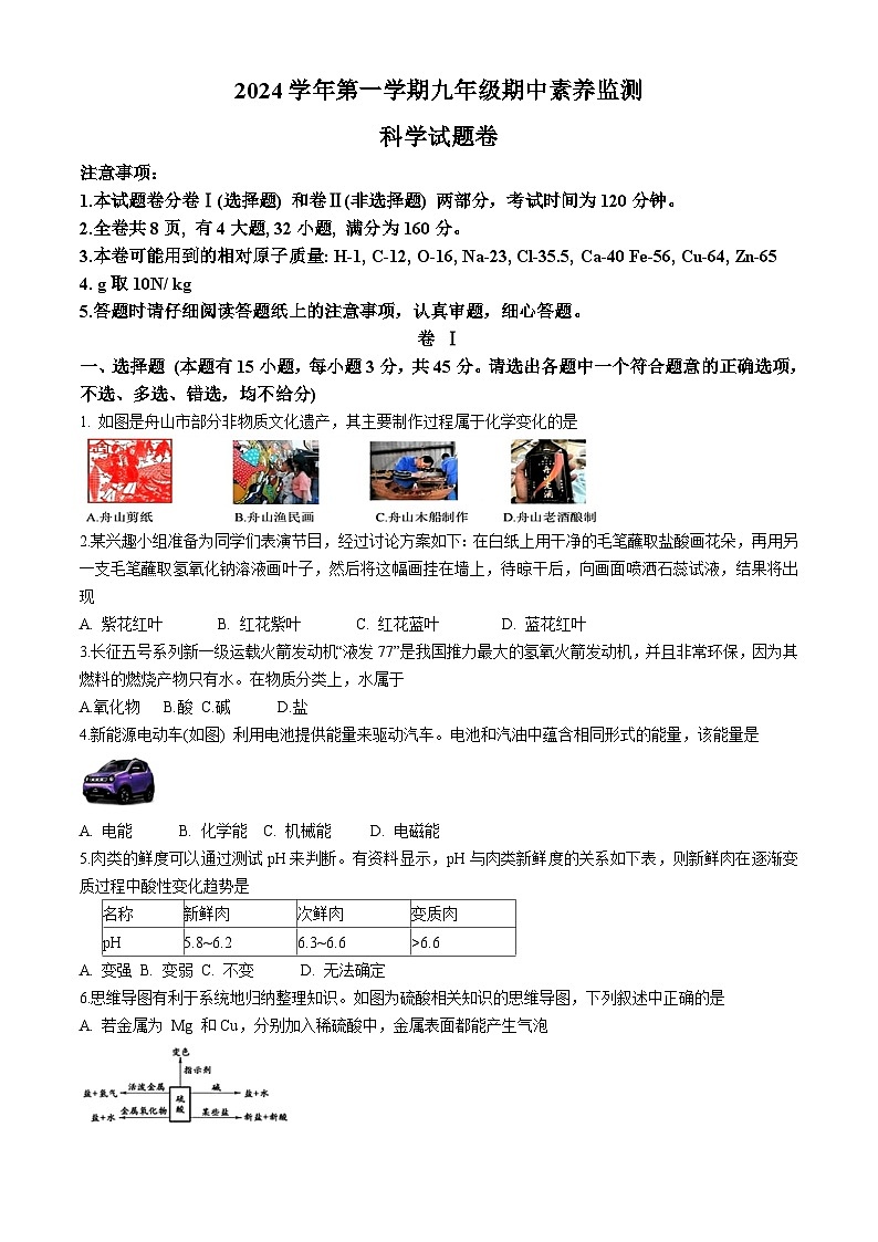 浙江省舟山市五校联考2024-2025学年九年级上学期期中学科素养监测科学试题第1页